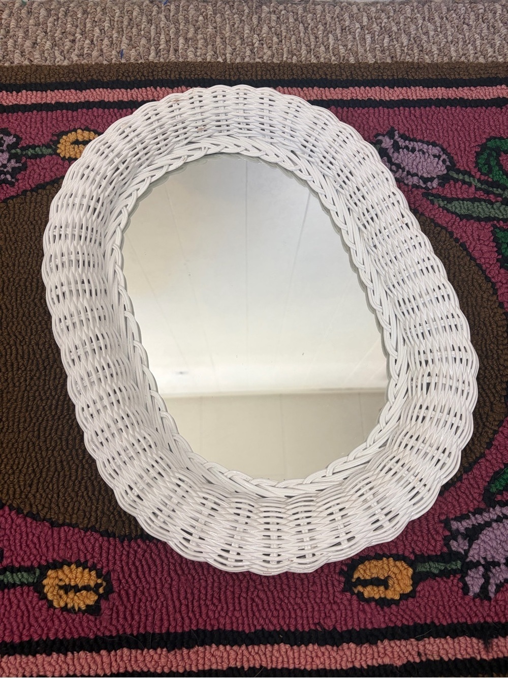 Vintage White Wicker Wall Mirror Oval Boho Cottagecore Farmhouse Decor Vanity - Picture 1 of 6